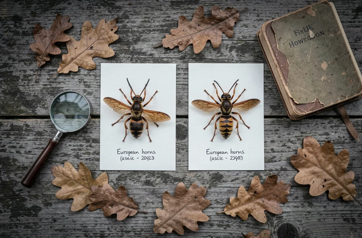 Comparaison côte à côte de spécimens de frelon asiatique et frelon européen épinglés sur carton blanc avec loupe et carnet de terrain sur table en bois