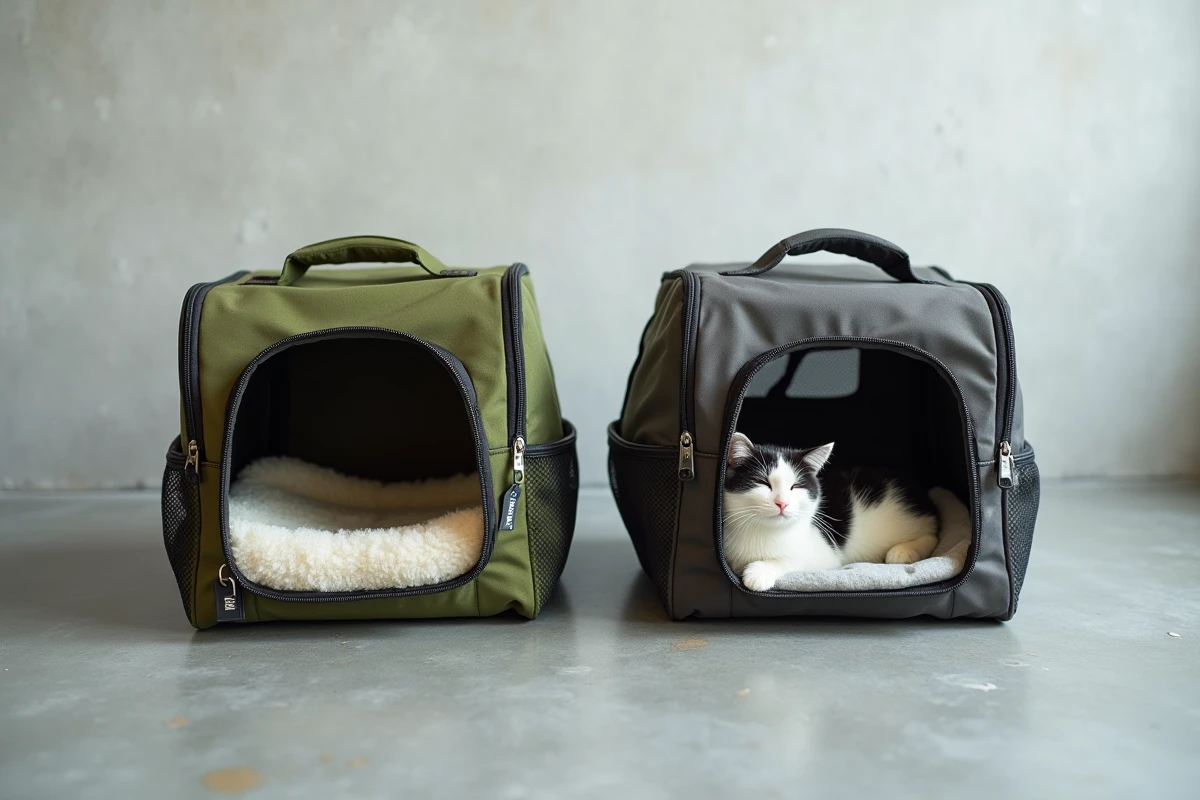 Comparaison de deux sacs de transport pour chat pas chers posés sur une surface en béton gris