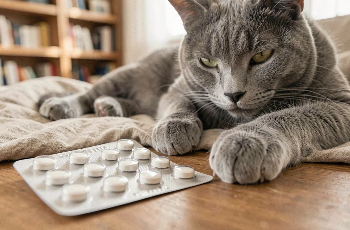 Comprimés antiparasitaires Credelio dans leur blister posés près d'un chat gris allongé sur une couverture en lin