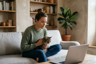 Propriétaire tenant son chat sur les genoux lors d'une consultation vétérinaire en ligne depuis son salon