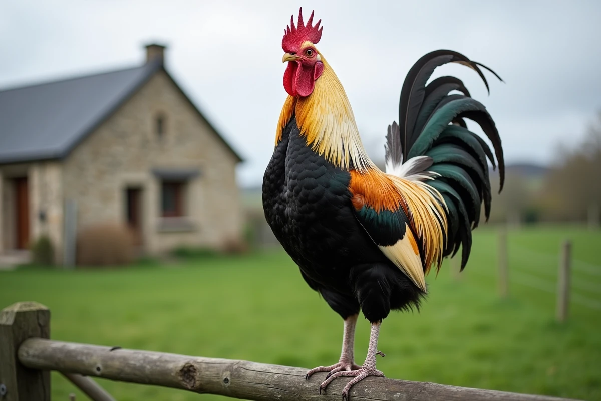 Coq Plymouth Rock barred imposant perché sur un piquet de clôture dans une ferme traditionnelle française