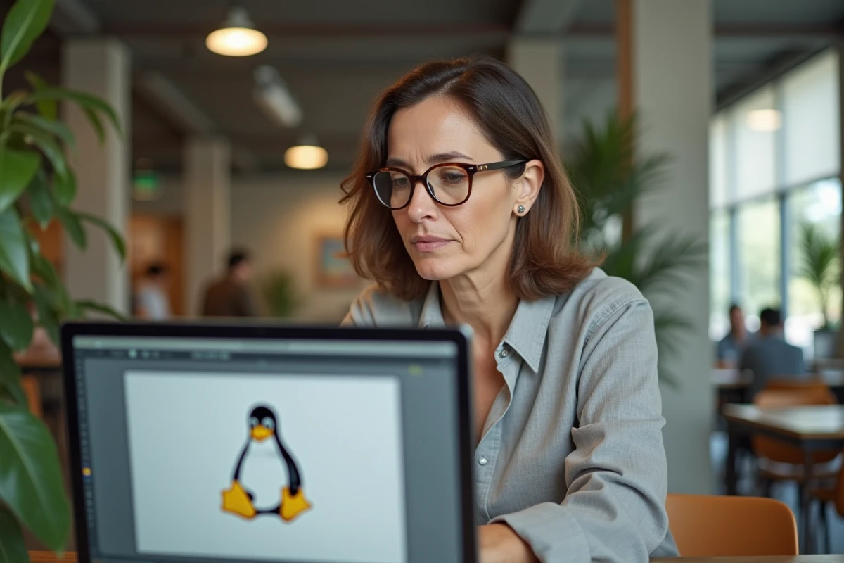 Femme analysant une erreur d'icône image manquante sur un logiciel de retouche dans un espace de coworking