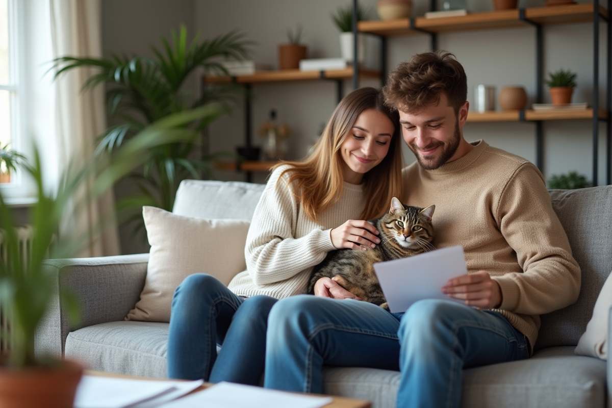 Jeune couple avec chat et papiers d