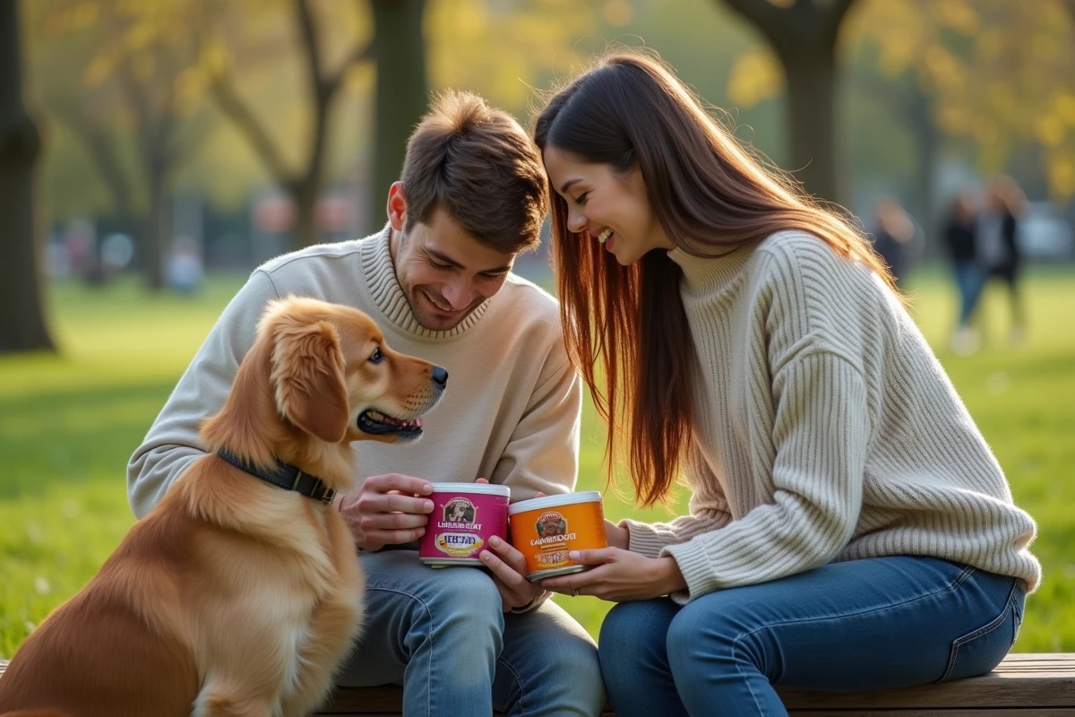 Couple avec chien dans un parc comparant des aliments pour animaux