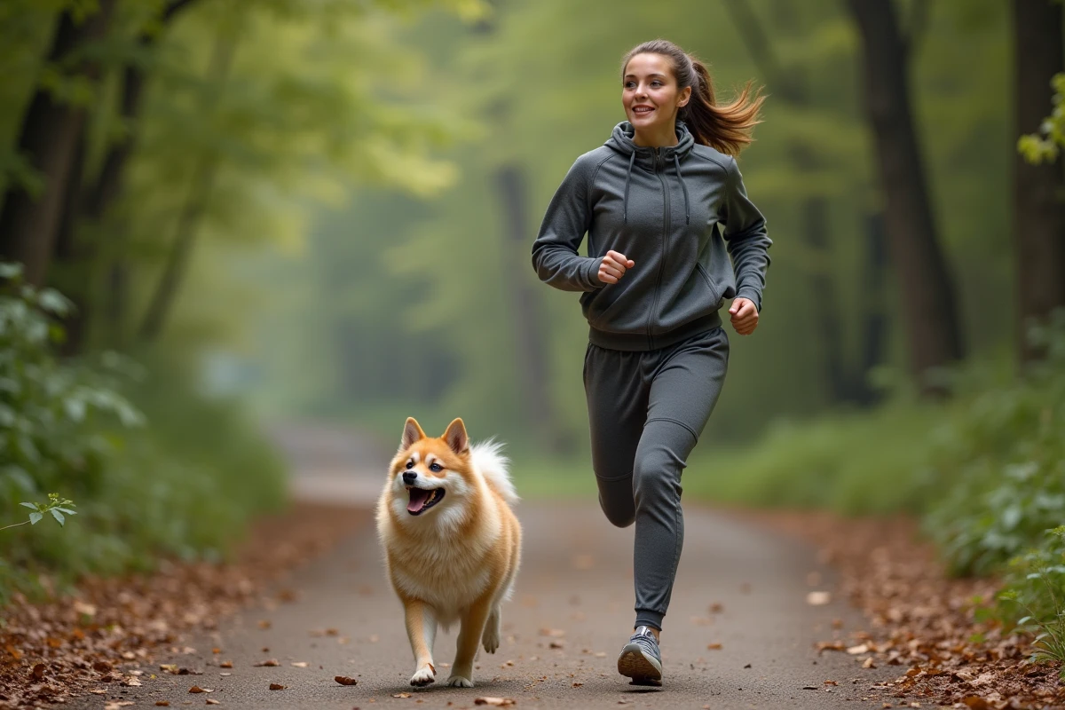 Jeune femme courant avec un Pomsky en forêt