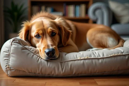 Chien golden retriever couché sur un coussin indestructible usé avec des coins mâchés et un tissu pelucheux