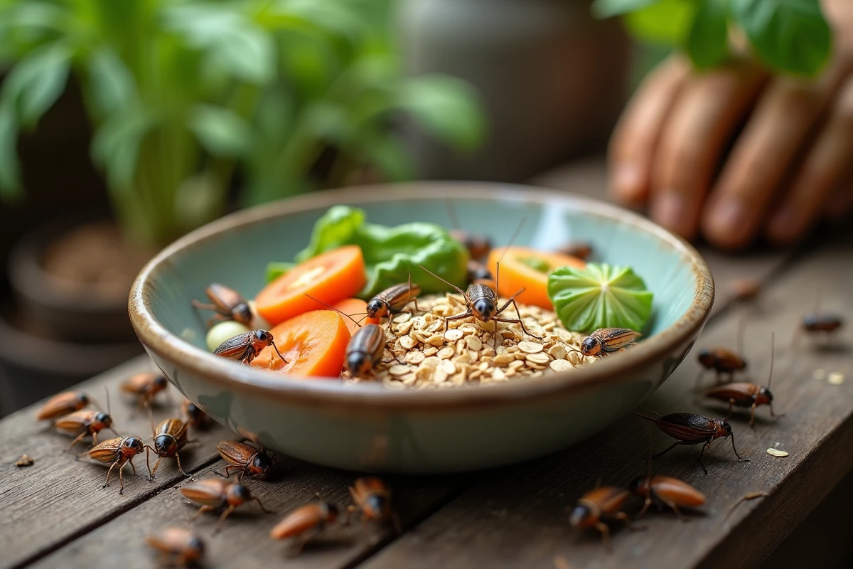 Gros plan de crickets mangeant dans un bol en céramique