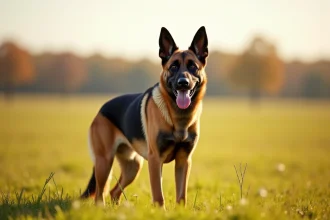 Croisé Malinois Berger allemand musclé debout dans un champ en automne, illustrant son profil athlétique et sportif