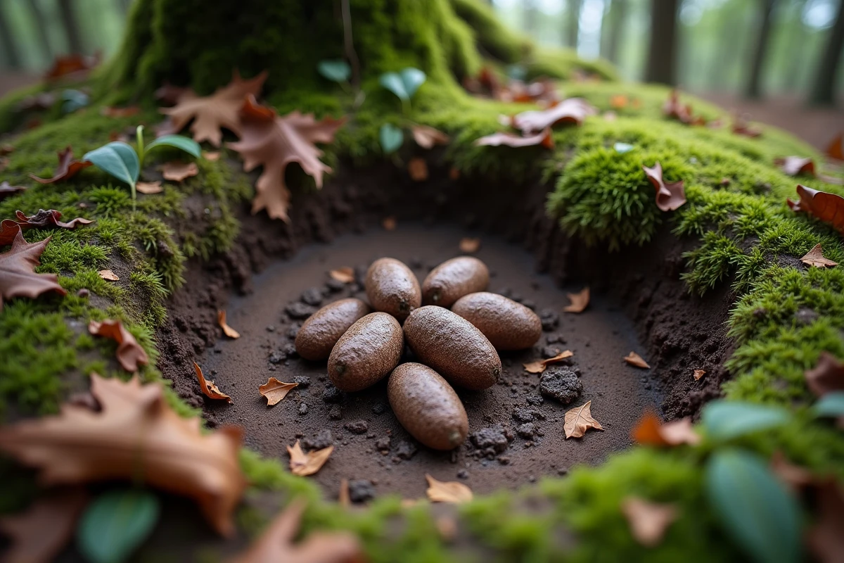 Zoom sur une latrine de blaireau avec déjections fraîches