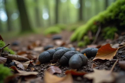 Crottes de blaireau sur un sol forestier humide recouvert de feuilles mortes et de mousse