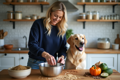 Femme préparant nourriture maison pour chien dans la cuisine