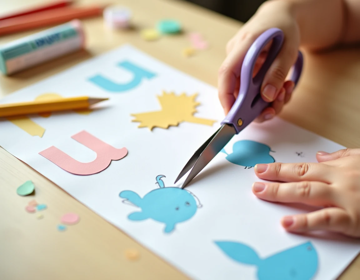 Mains d'enfant découpant des silhouettes d'animaux en U sur une fiche d'activité de maternelle avec des ciseaux de sécurité