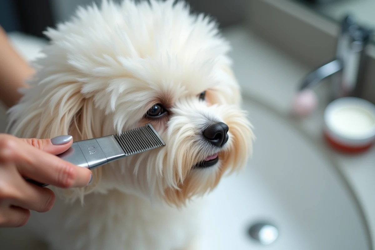 Gros plan sur le démêlage délicat du pelage blanc d'un Bichon Maltais avec un peigne fin et un spray démêlant