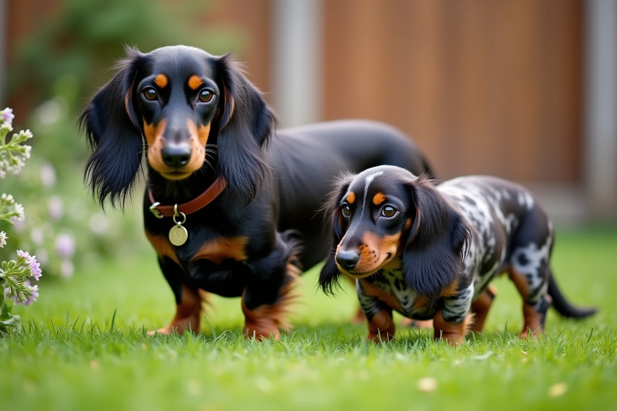 Deux teckels poil long arlequin dans un jardin, illustrant la diversité génétique des robes chez cette race