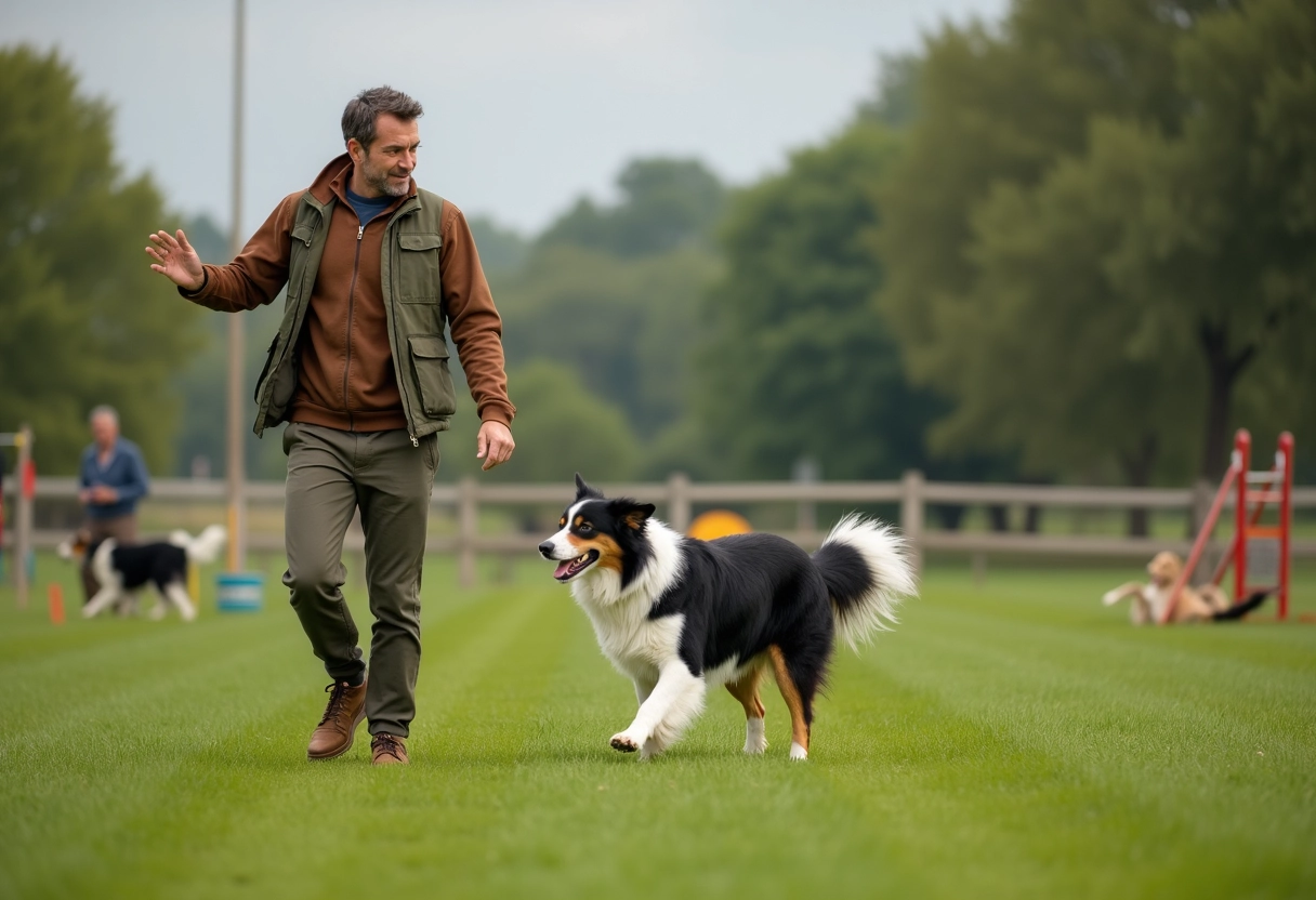Dresseur guidant un border collie dans un parc à chiens