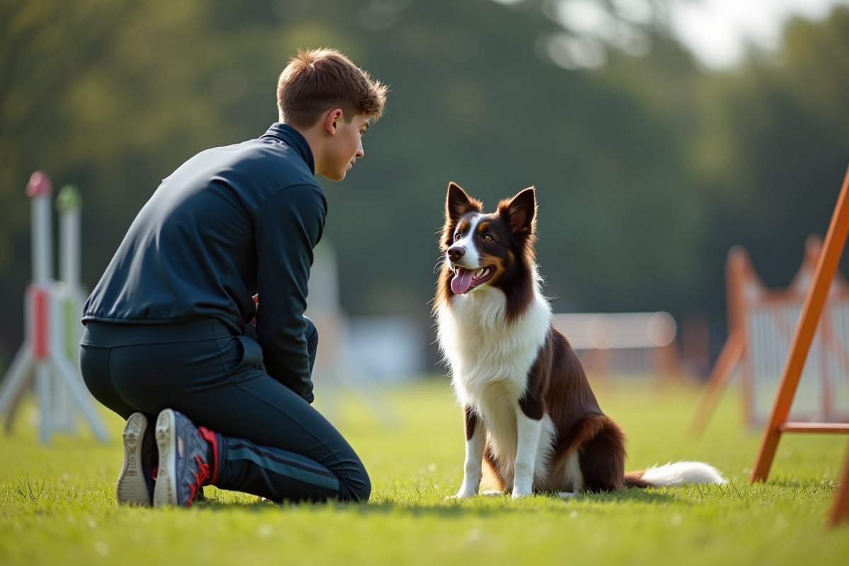 Jeune homme en survêtement avec son chien border collie au départ