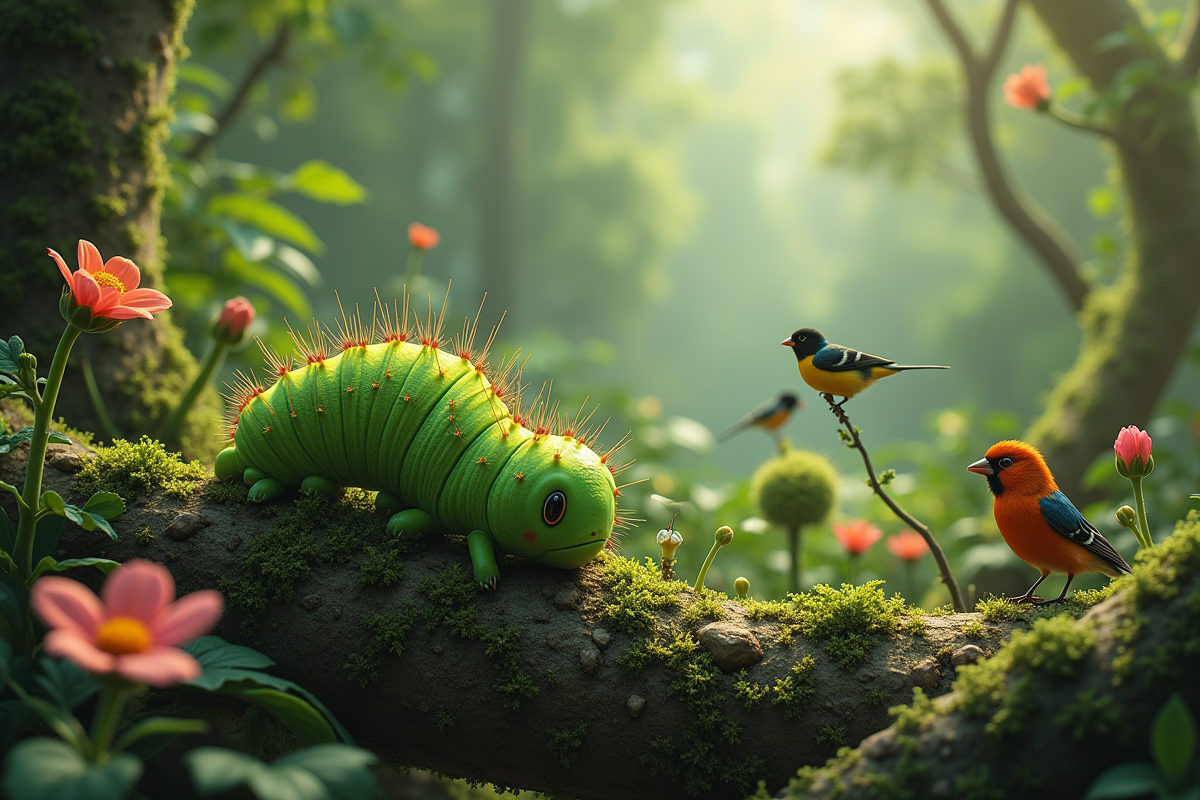 Ecosystem naturel avec chenille et oiseaux dans la foret