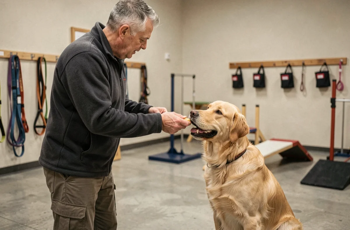 Éducateur canin masculin récompensant un Golden Retriever dans un centre d'éducation canine moderne en Bourgogne-Franche-Comté