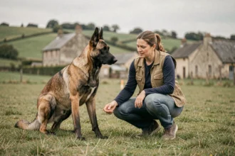 Éducatrice canine professionnelle en Bourgogne-Franche-Comté travaillant avec un Malinois sur un terrain d'entraînement en plein air