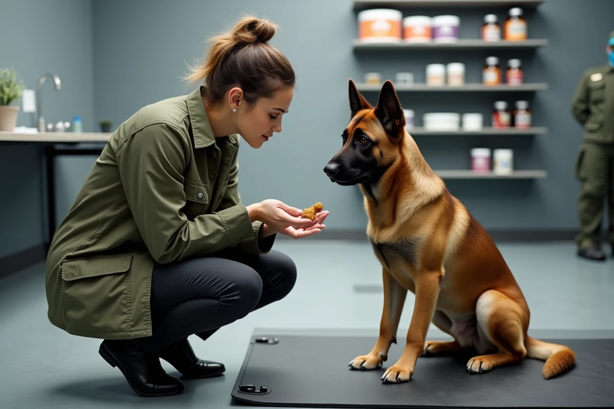 Femme éducatrice canine donnant une récompense alimentaire saine à un croisé Malinois Berger allemand lors d'une session d'entraînement