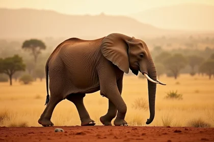 Éléphant d'Afrique marchant dans la savane kényane avec des acacias en arrière-plan