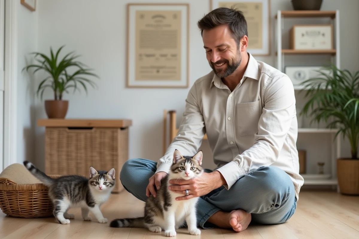 Éleveur professionnel avec des chatons Maine Coon dans un élevage agréé, illustrant l'adoption en élevage