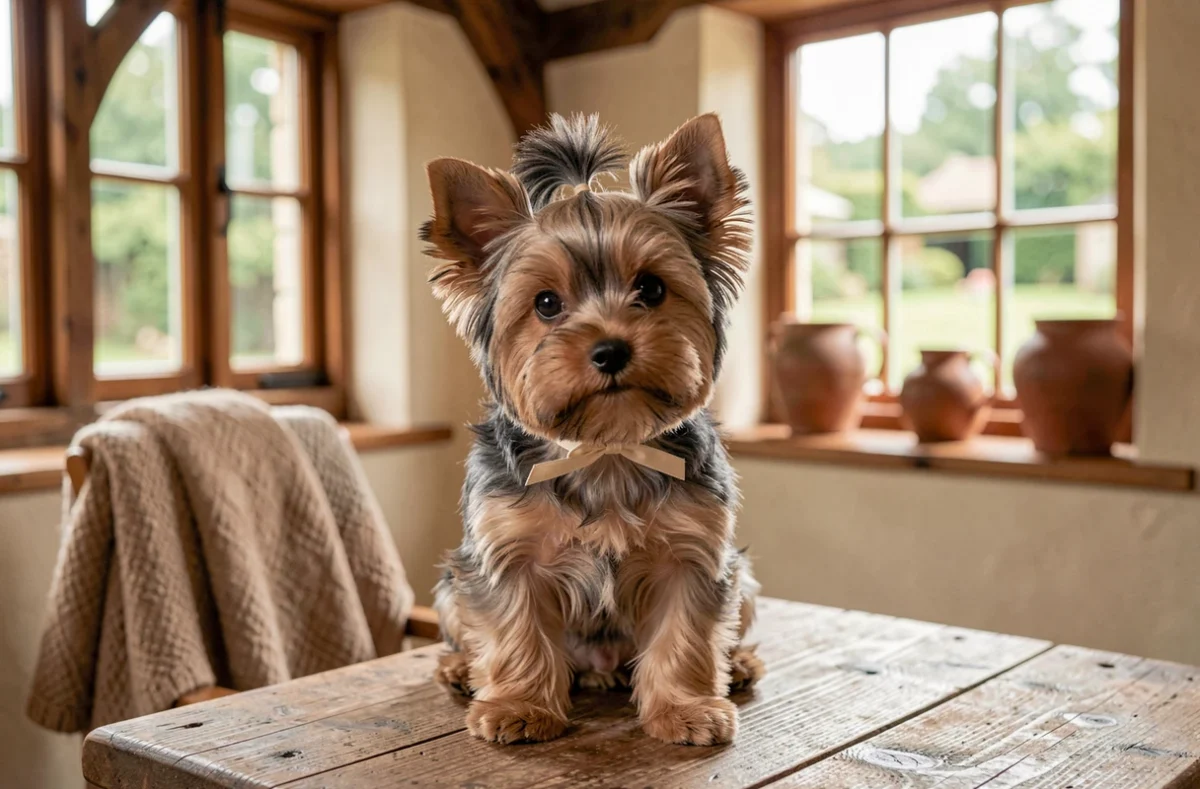 Chiot Yorkshire Terrier au pelage soyeux posé sur une table en bois dans un cadre chaleureux de type cottage