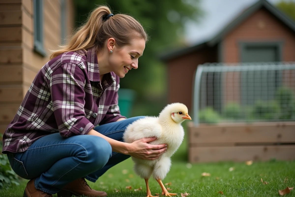 Femme débutante tenant une jeune poule Brahma dans ses mains dans un jardin
