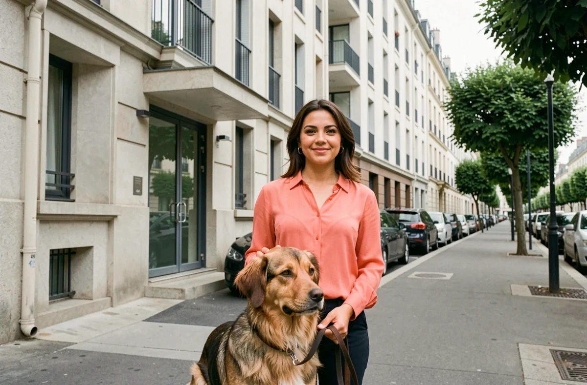 Éleveuse Benjamaa Ryma avec son chien devant un immeuble moderne à Boulogne-Billancourt