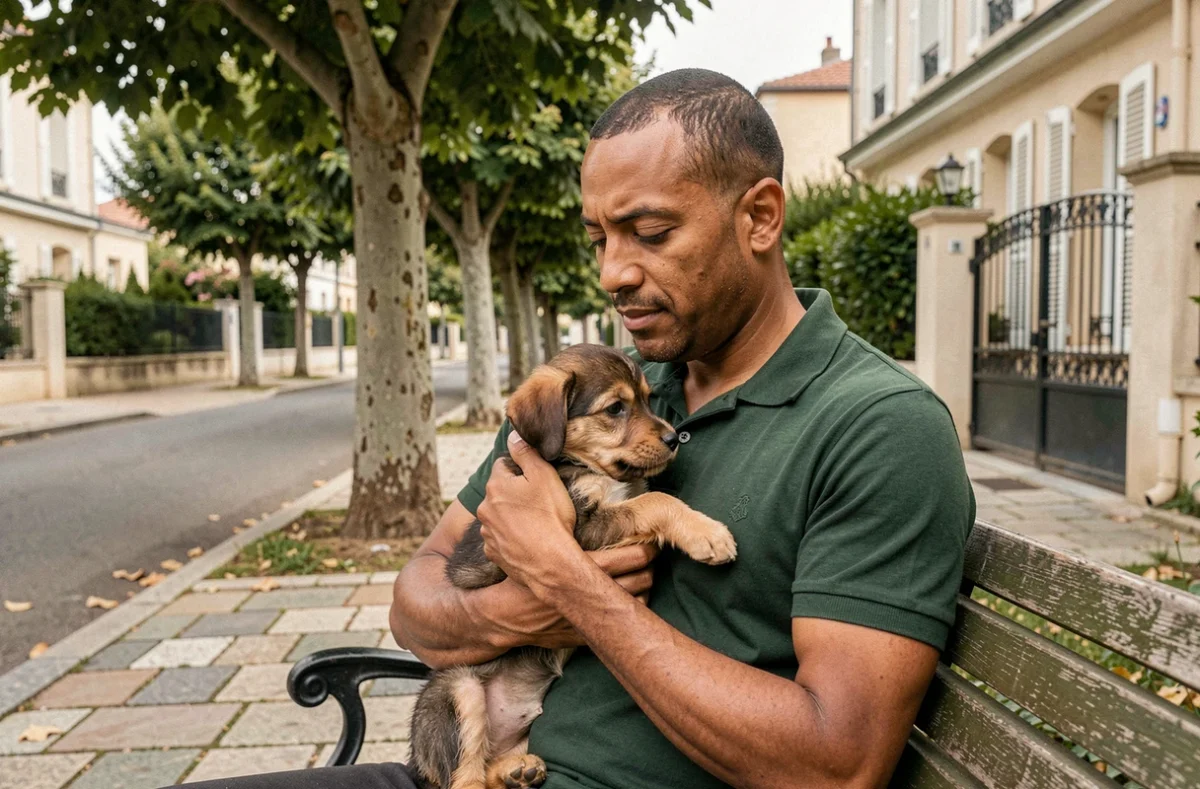 Éleveur Elmehdi tenant un chiot dans ses bras sur un banc de jardin à Bourg-la-Reine