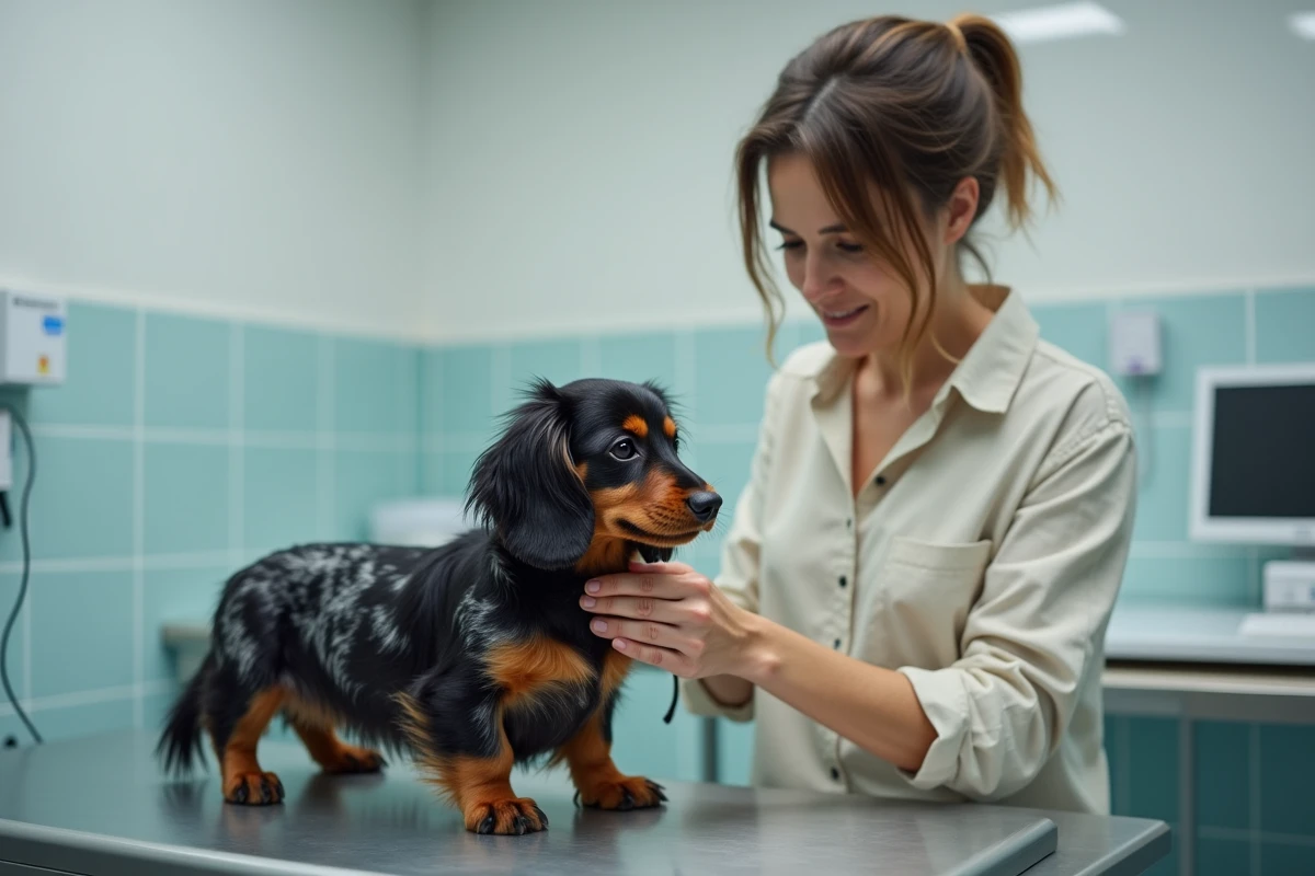 Éleveuse professionnelle examinant un chiot teckel poil long arlequin lors d'un contrôle vétérinaire