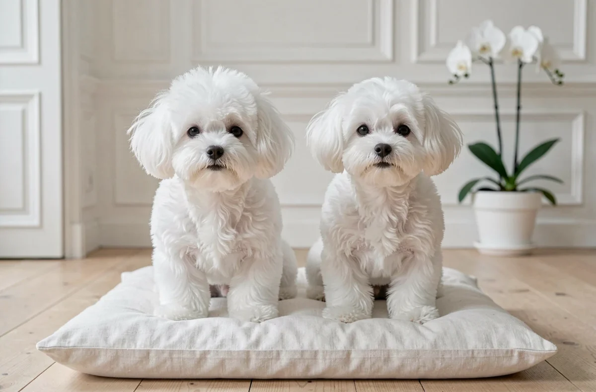 Bichon frisé et bichon maltais côte à côte sur un coussin blanc dans un appartement parisien lumineux