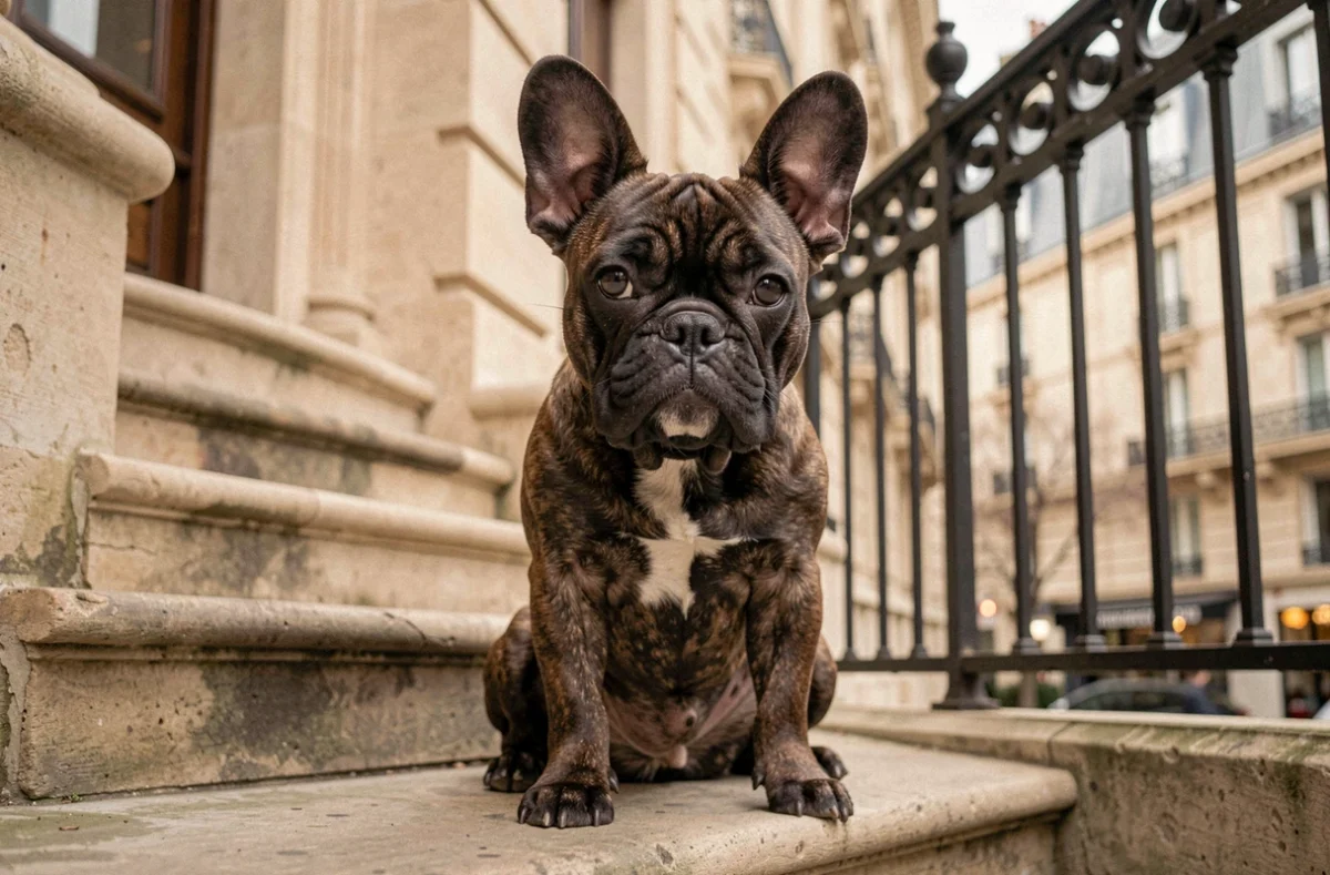 Chiot bouledogue français au pelage bringé assis sur les marches d'un immeuble parisien dans le 92