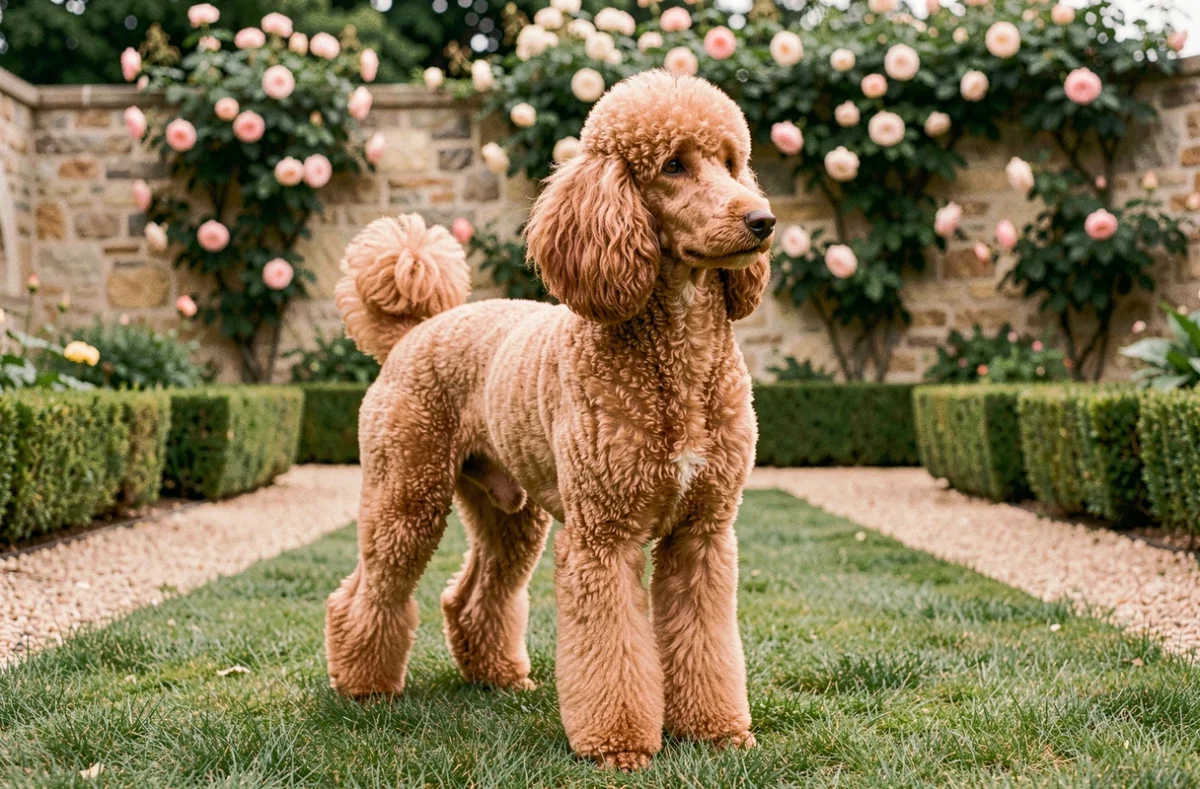 Caniche standard abricot au pelage soigneusement toiletté debout dans un jardin résidentiel des Hauts-de-Seine
