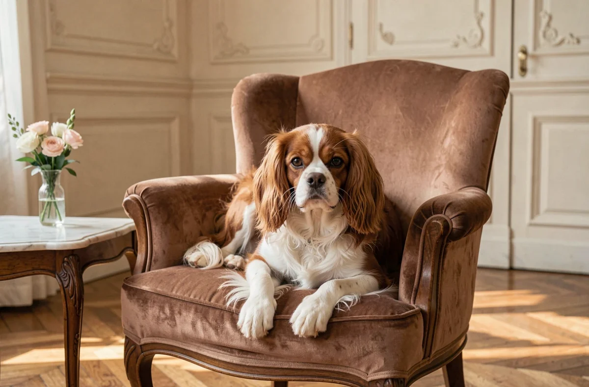 Cavalier King Charles au pelage acajou et blanc allongé sur un fauteuil en velours dans un intérieur français élégant