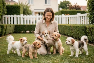 Éleveuse professionnelle entourée de plusieurs chiens de races différentes dans un jardin suburban des Hauts-de-Seine