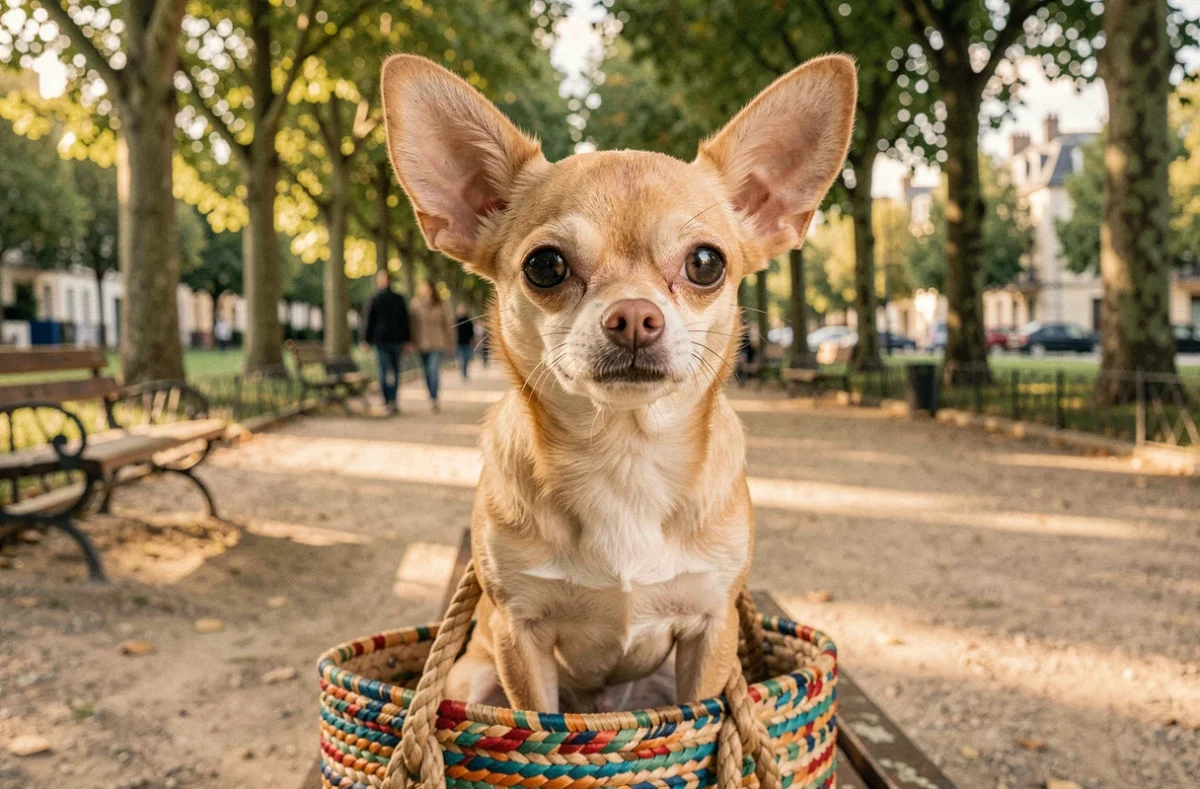 Chihuahua LOF fauve aux grandes oreilles assis sur un sac dans un parc suburban français