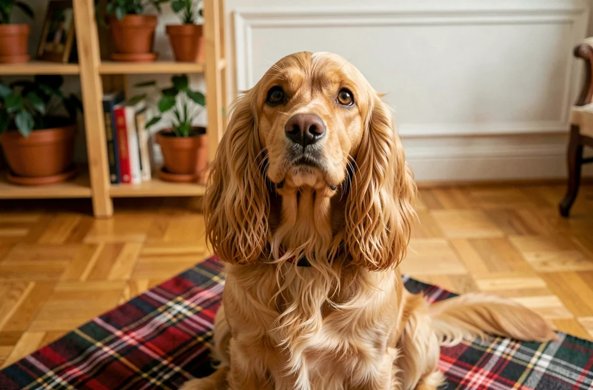 Cocker anglais LOF au pelage doré assis sur une couverture dans un salon français