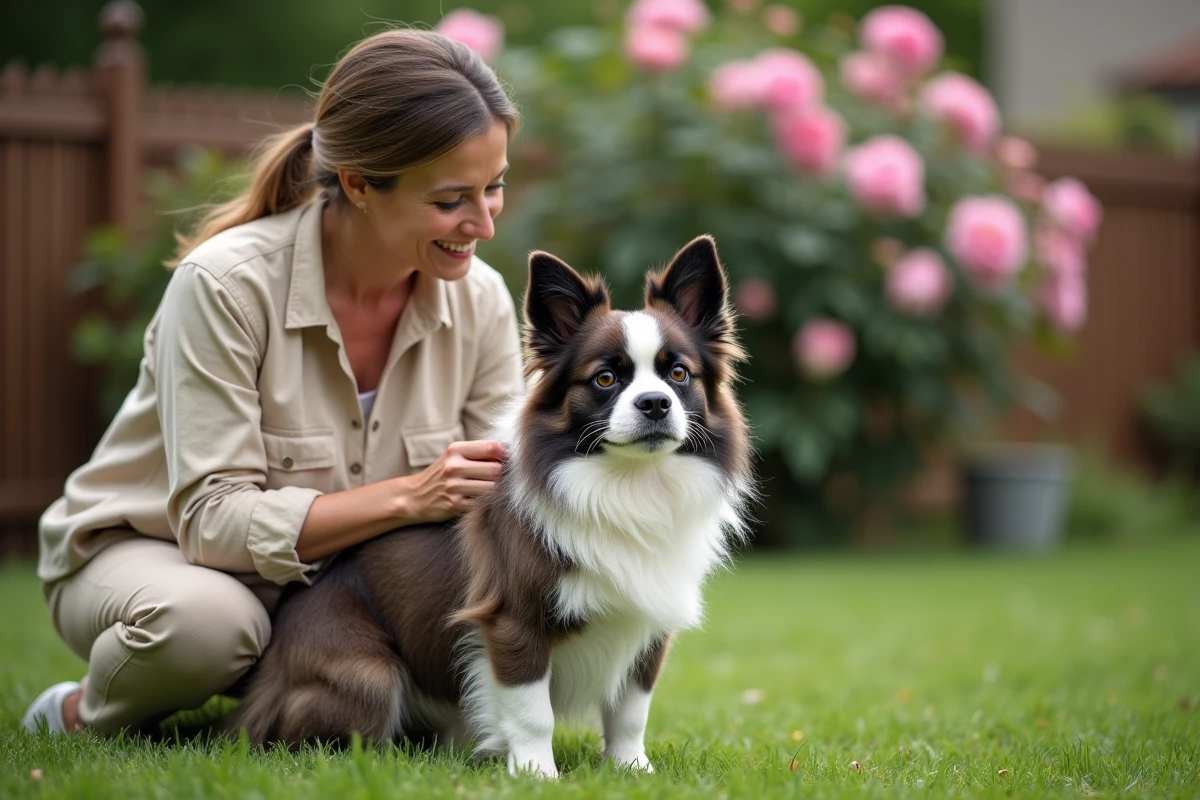 Éleveuse sérieuse examinant un bouledogue français à poil long bringé dans un jardin verdoyant, signe d'un élevage responsable