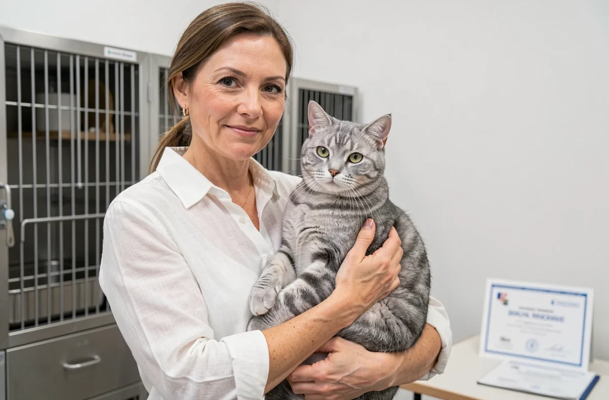 Éleveuse professionnelle tenant un British Shorthair silver tabby dans une chatterie sérieuse et organisée