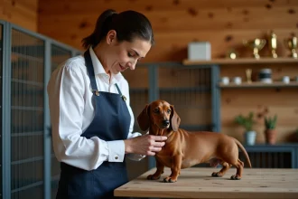Éleveuse professionnelle de teckel kaninchen inspectant un chiot dans un chenil équipé avec trophées de concours en arrière-plan