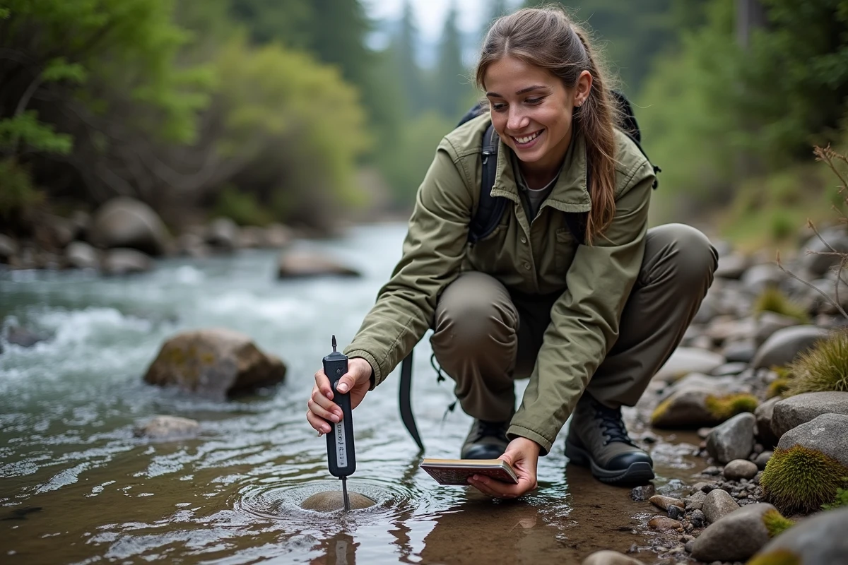 Jeune femme montre une empreinte de grizzly près d’un ruisseau