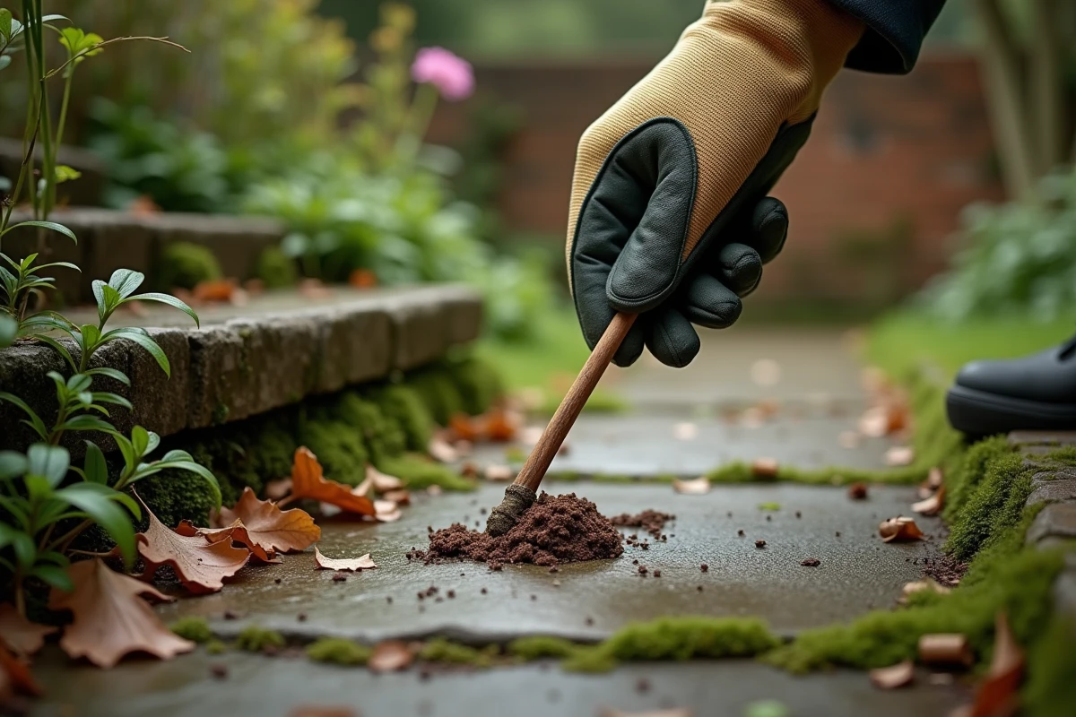 Main gantée pointant vers des déjections dans le jardin