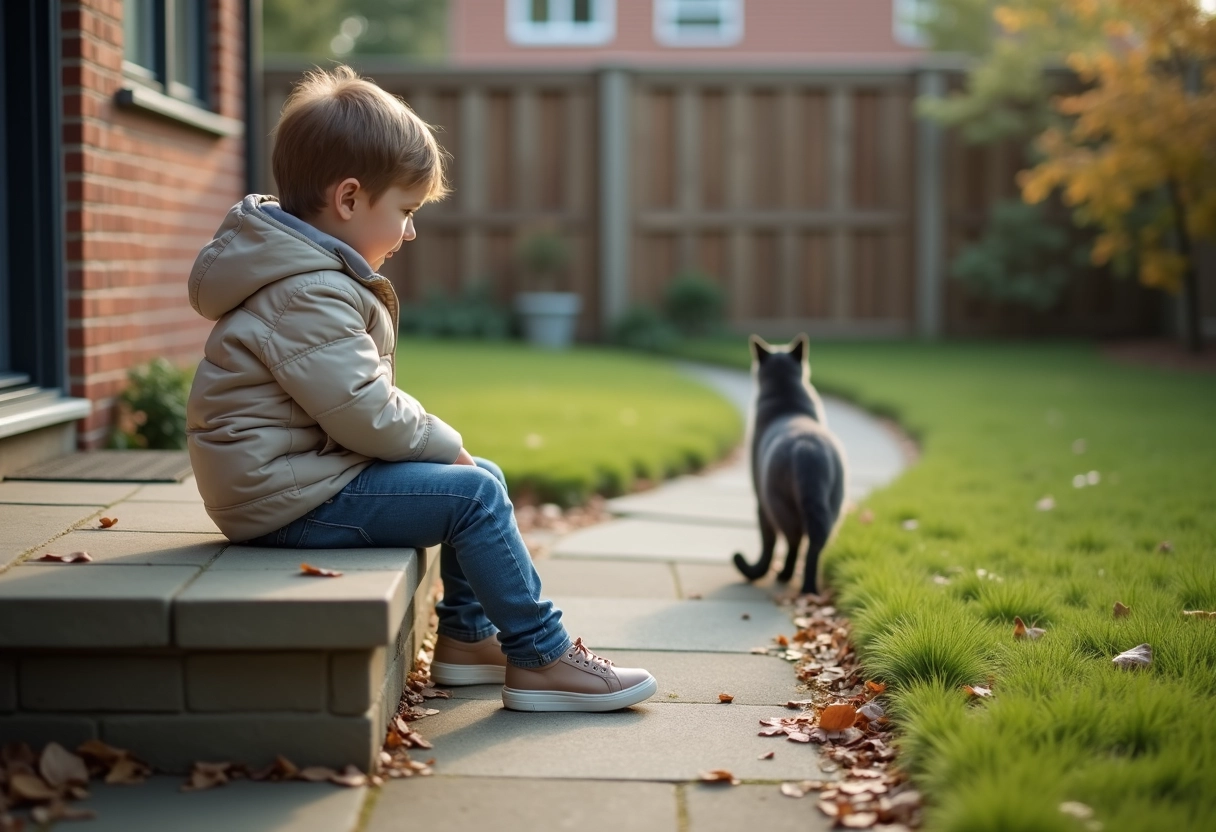 Garçon regardant un chat dans le jardin en automne