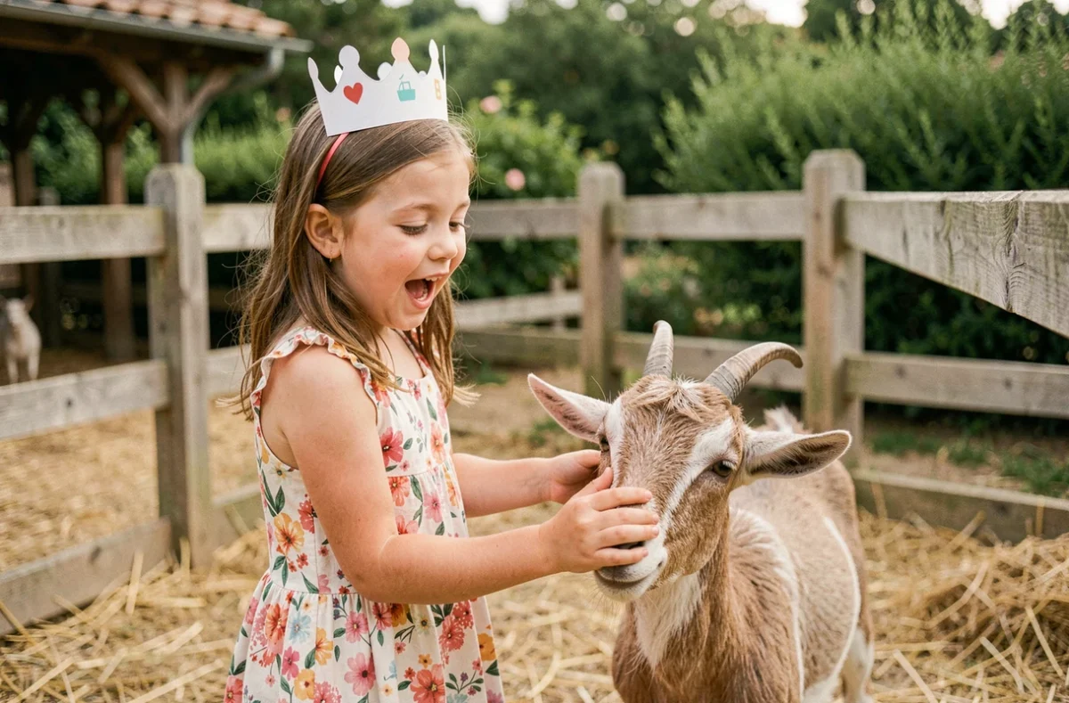 Petite fille en robe fleurie caressant une chèvre lors d'un anniversaire à la ferme pédagogique de Mollégès