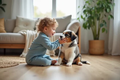 Petite fille souriante jouant avec un chiot australien