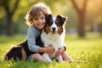 Enfant souriant avec un chien australien tricolore dans un parc