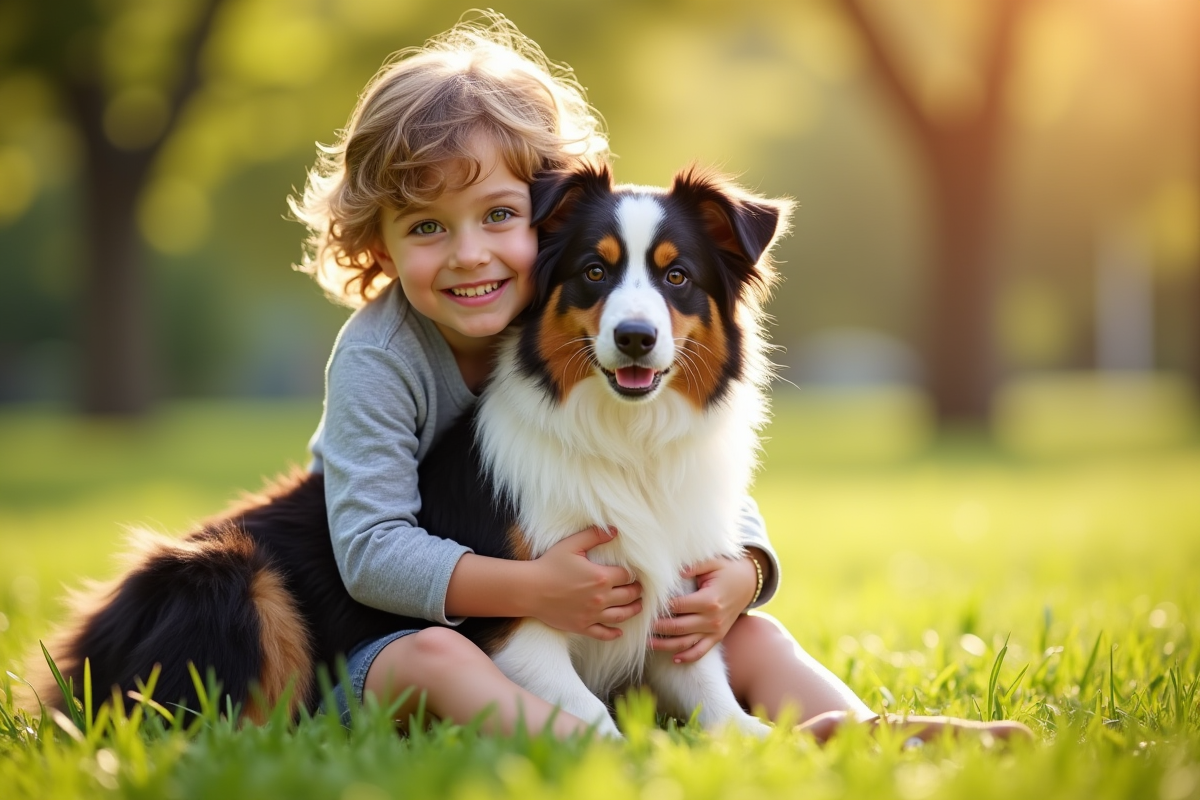 Enfant souriant avec un chien australien tricolore dans un parc