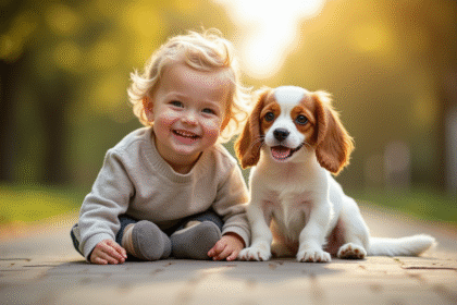 Enfant joyeux avec un petit cocker spaniel au soleil