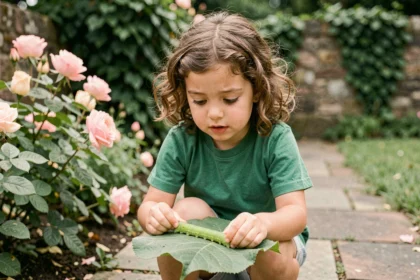 Petite fille observant une chenille verte sur une feuille dans un jardin, scène éducative sur l'alimentation des chenilles
